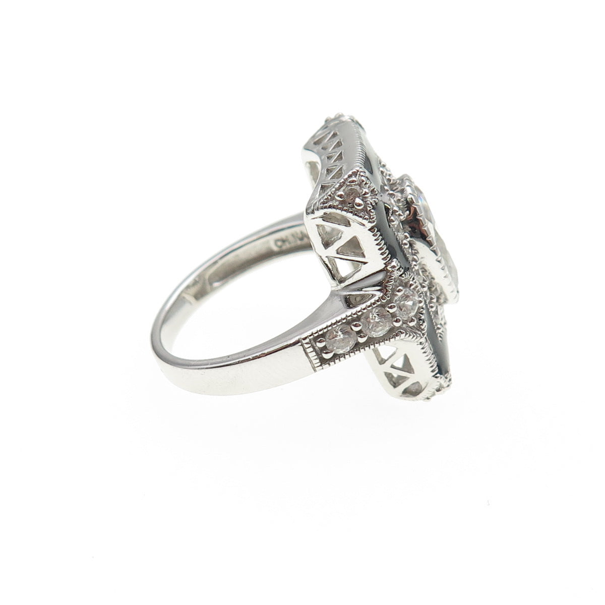 925 Sterling Silver Vintage Enamel & C Z Bohemian Ring Size 6