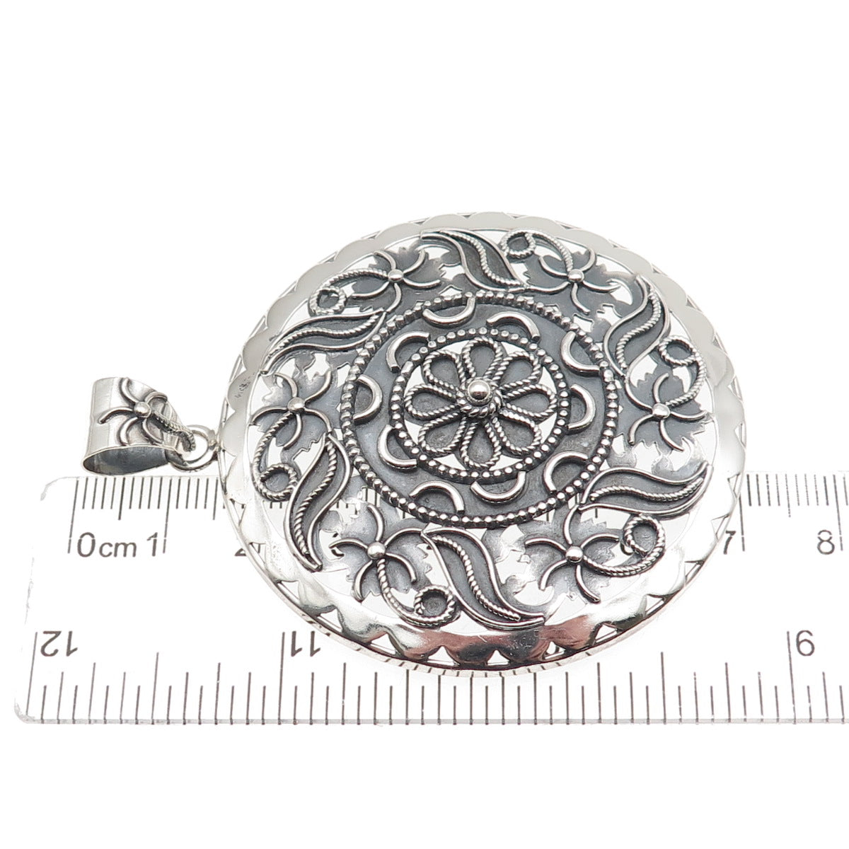 DP Doug Paulus 925 Sterling Silver Vintage Floral Disc Oxidized Pendant