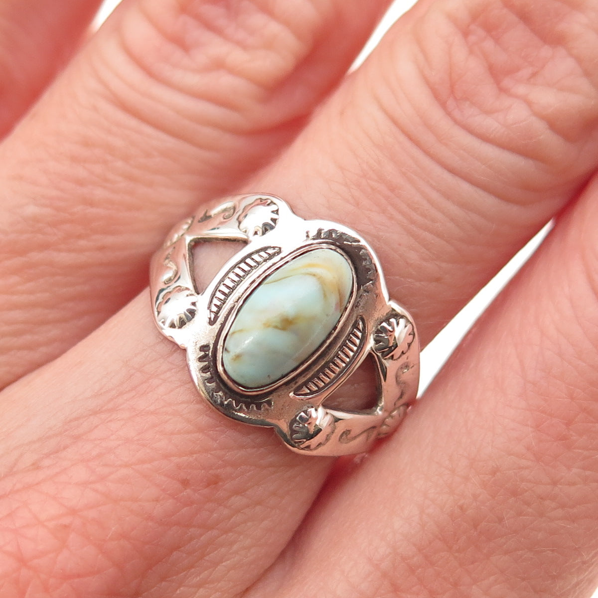 Uncas 925 Sterling Silver Vintage Real Tyrone Turquoise Oxidized Ring Size 7.75