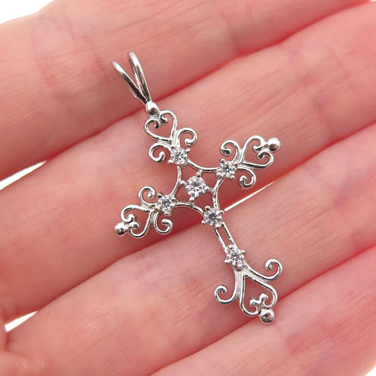 925 Sterling Silver Round-Cut C Z Heart Ornate Cross Charm Pendant