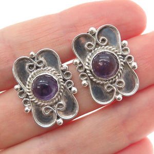980 Silver Vintage Mexico Real Amethyst Modernist Oxidized Earrings