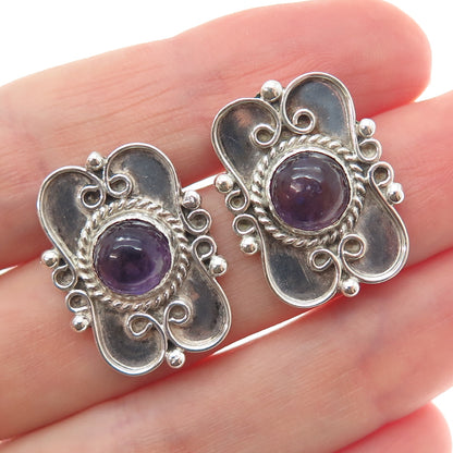 980 Silver Vintage Mexico Real Amethyst Modernist Oxidized Earrings