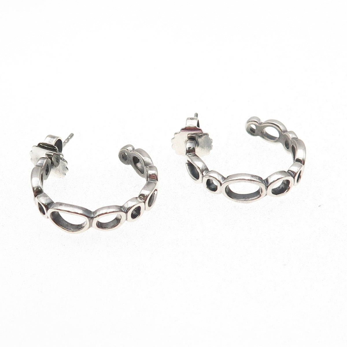 Zina 925 Sterling Silver Vintage Modernist Oval Link Oxidized Hoop Earrings