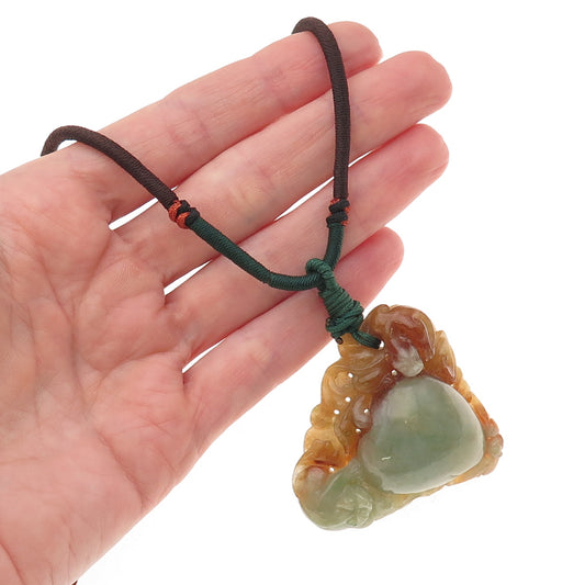 Vintage Real Jade Carved Adjustable Cord Necklace 20"