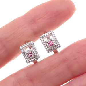 925 Sterling Silver Pink & White C Z Hoop Earrings