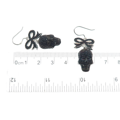 925 Sterling Silver Real Black Spinel Skull & Bow Dangle Earrings