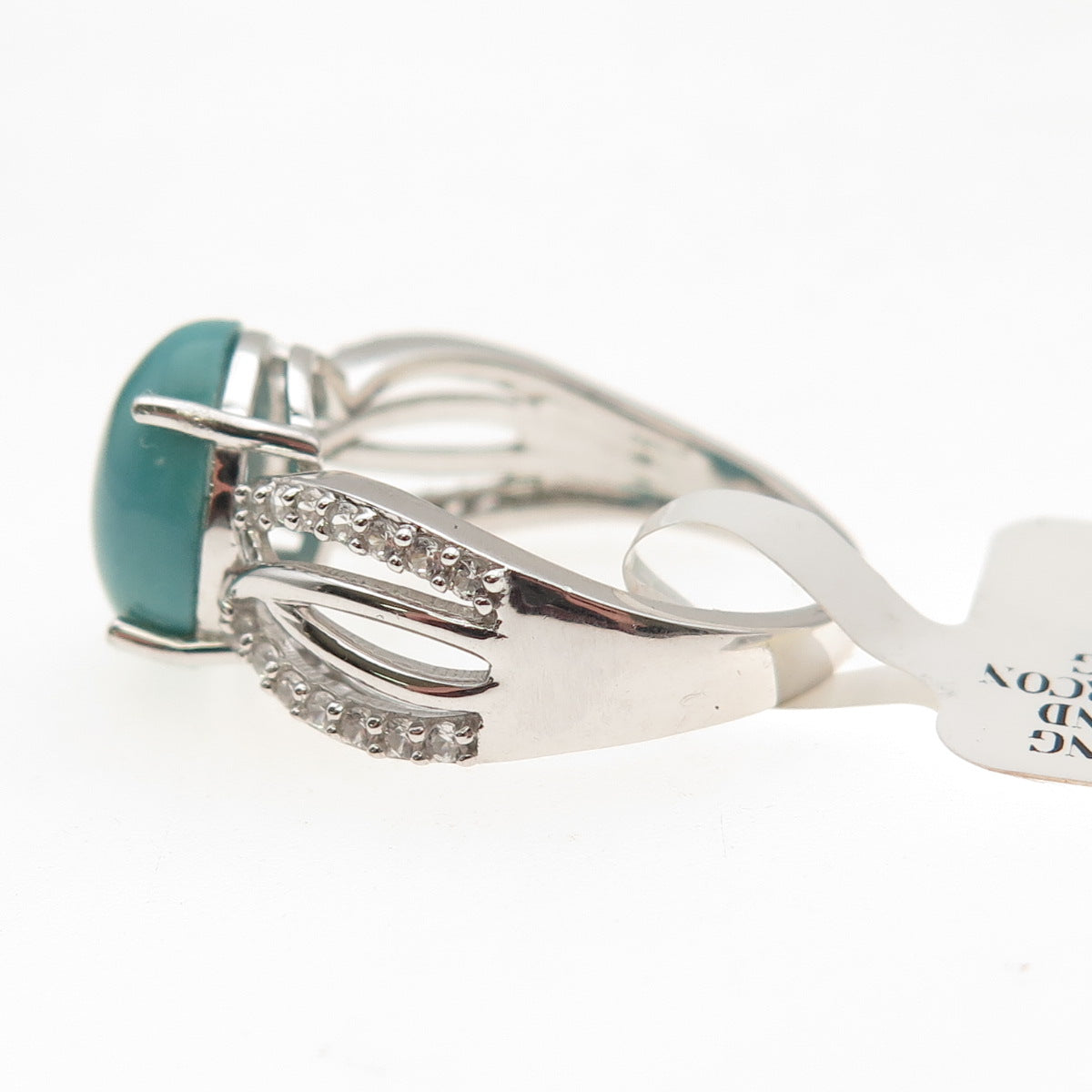 925 Sterling Silver Real Sleeping Beauty Turquoise & White Topaz Ring Size 8.25