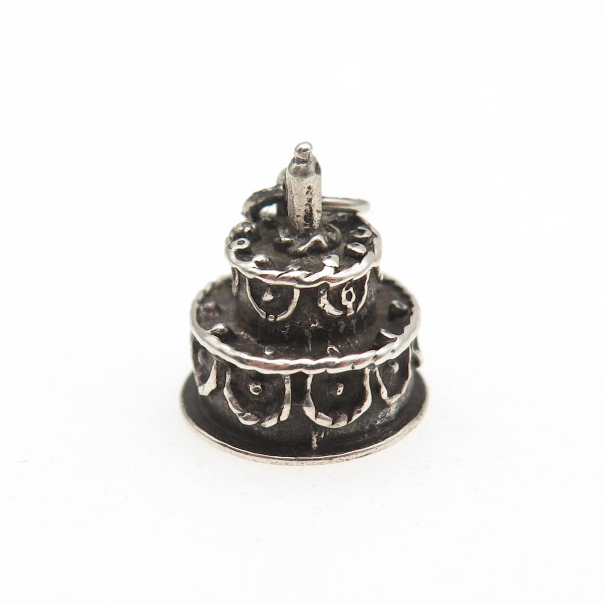 BEAU 925 Sterling Silver Antique Art Deco Happy Birthday Cake 3D Mini Pendant
