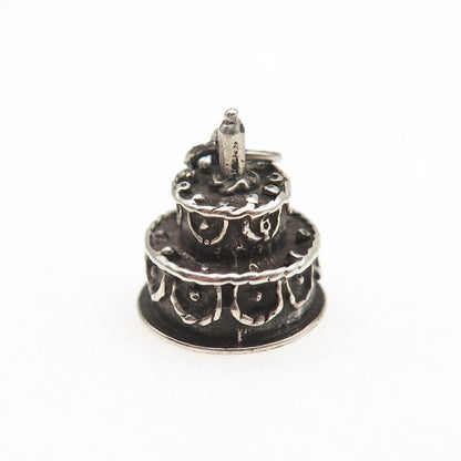 BEAU 925 Sterling Silver Antique Art Deco Happy Birthday Cake 3D Mini Pendant