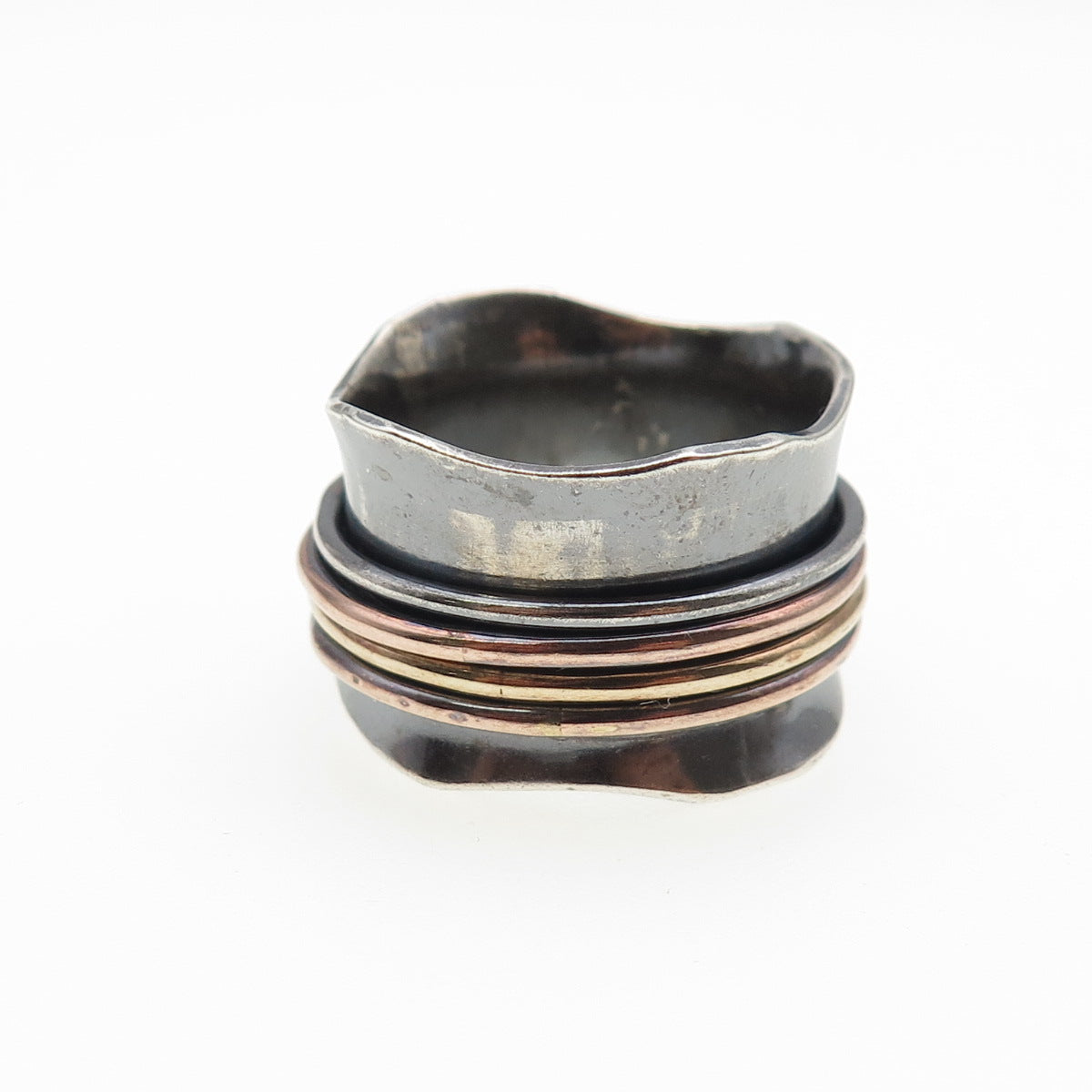 925 Sterling Silver 3-Tone Vintage Modernist Rotating Band Oxidized Ring Size 9