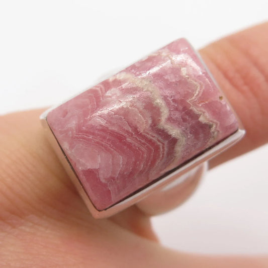 925 Sterling Silver Vintage Real Rhodochrosite Gem Statement Ring Size 5.25