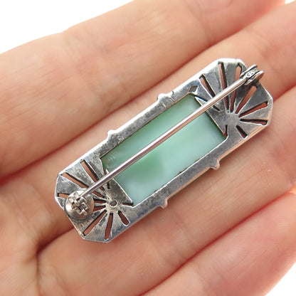 925 Sterling Silver Antique Faux Jade & Real Marcasite Oxidized Pin Brooch
