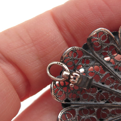 800 Silver Antique Art Deco Italy Floral Filigree Beaded Oxidized Pendant