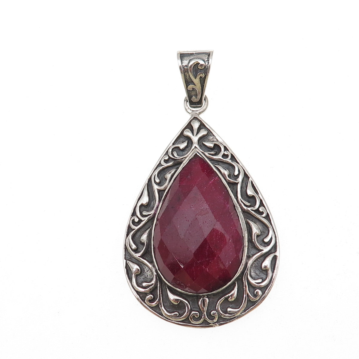 Samuel Benham Sterling Silver Vintage Real Ruby Floral Scroll Oxidized Pendant