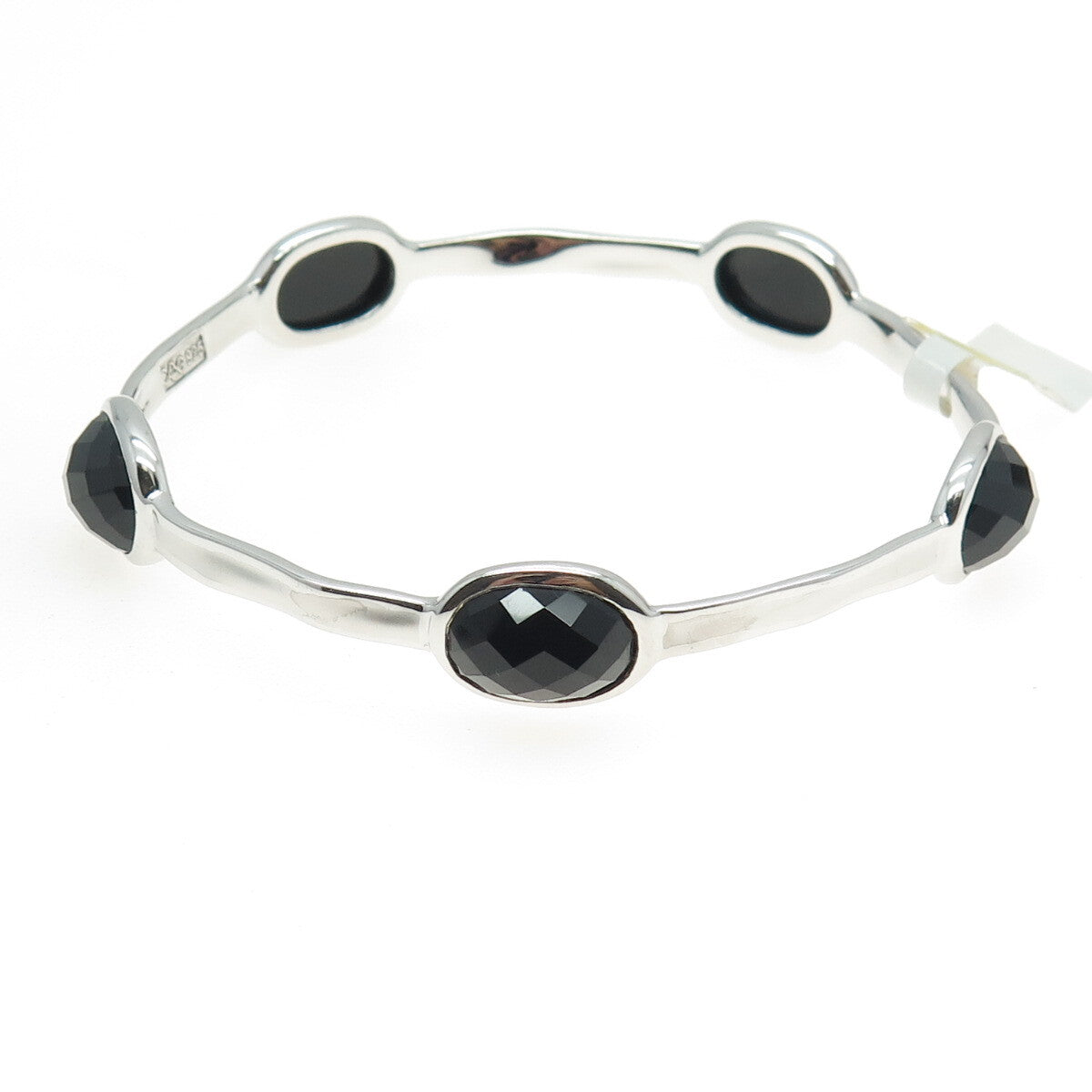 CHARLES GARNIER Sterling Silver Real Black Onyx Station Bangle Bracelet 8.25"