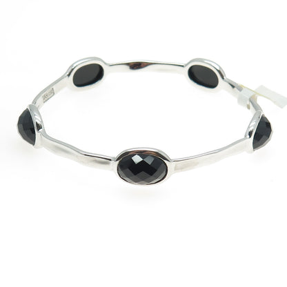 CHARLES GARNIER Sterling Silver Real Black Onyx Station Bangle Bracelet 8.25"