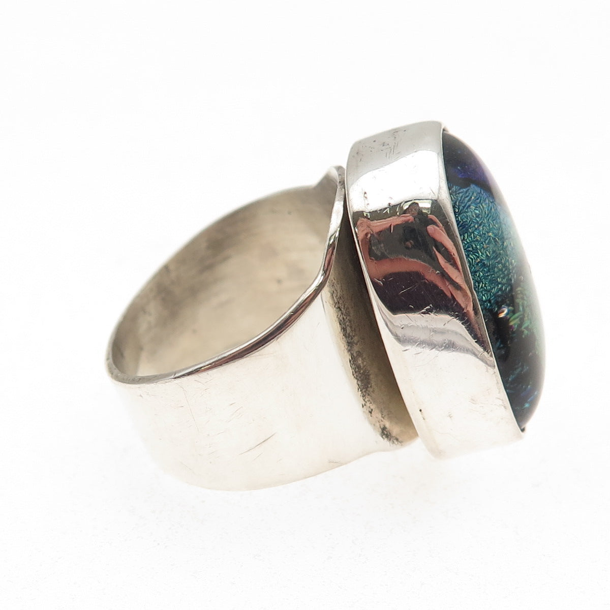 925 Sterling Silver Vintage Mexico Dichroic Glass Modernist Ring Size 8.25