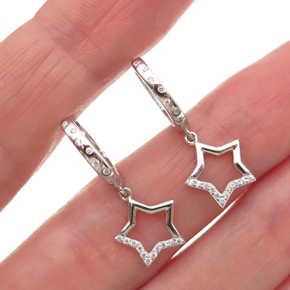 925 Sterling Silver Round-Cut C Z Star Dangle Hoop Earrings
