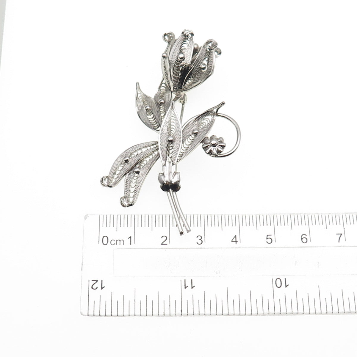 SORRENTO 925 Sterling Silver Vintage Tulip Flower Filigree Pin Brooch