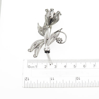 SORRENTO 925 Sterling Silver Vintage Tulip Flower Filigree Pin Brooch