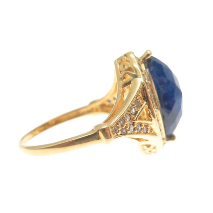 925 Sterling Silver Gold Plated Real Round-Cut Diamond & Sapphire Ring Size 7