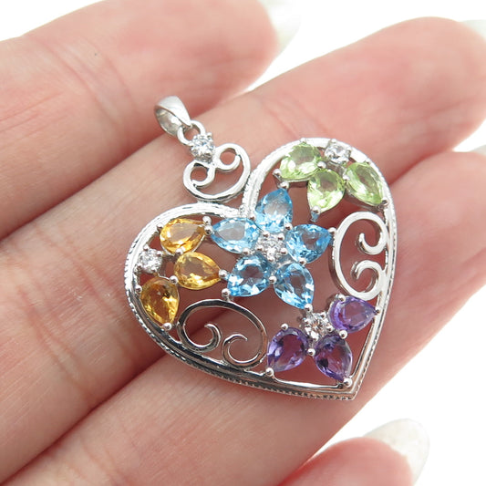 925 Sterling Silver White Blue Topaz Amethyst Peridot Citrine Gem Heart Pendant