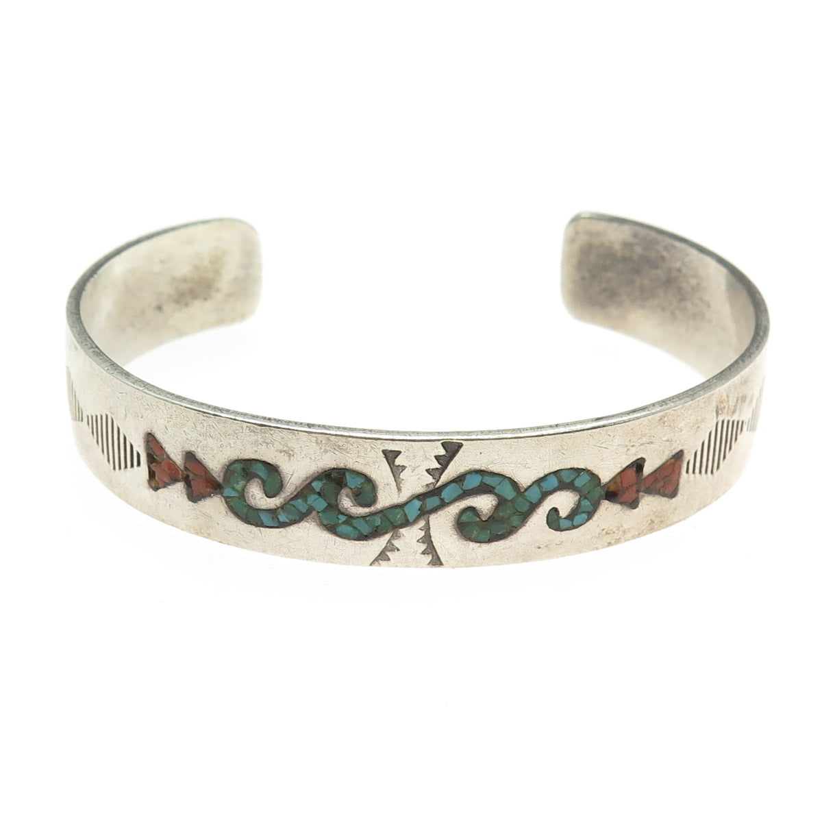 GIBSON GENE NAVAJO Old Pawn Sterling Turquoise & Coral Inlay Cuff Bracelet 6.75"