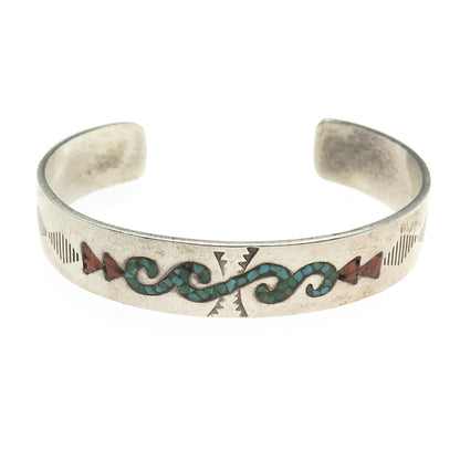 GIBSON GENE NAVAJO Old Pawn Sterling Turquoise & Coral Inlay Cuff Bracelet 6.75"