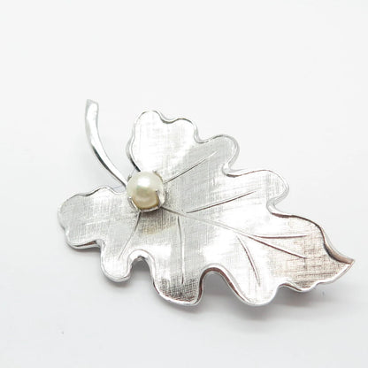 925 Sterling Silver Antique Carl Art Real Pearl Textured Leaf Pin Brooch
