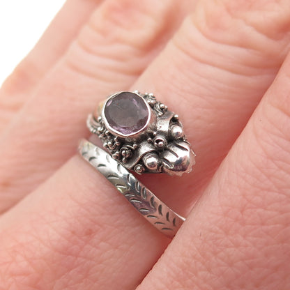 925 Sterling Silver & Gold Vintage Real Amethyst Dragon Adjustable Ring Size 8