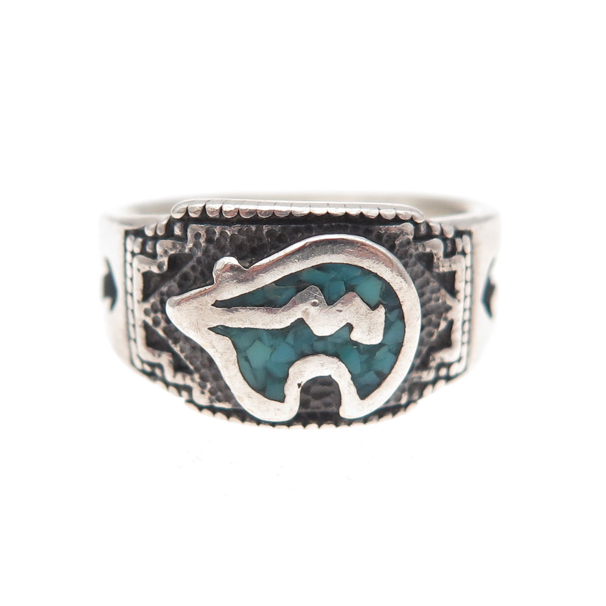 Shube Old Pawn 925 Sterling Vintage Turquoise Inlay Native Bear Ring Size 5.25
