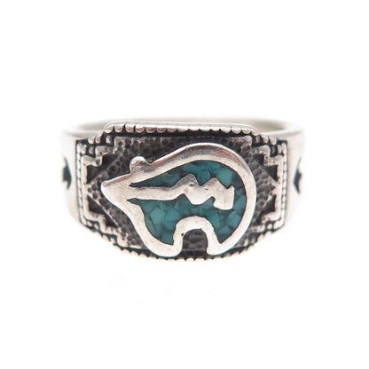Shube Old Pawn 925 Sterling Vintage Turquoise Inlay Native Bear Ring Size 5.25