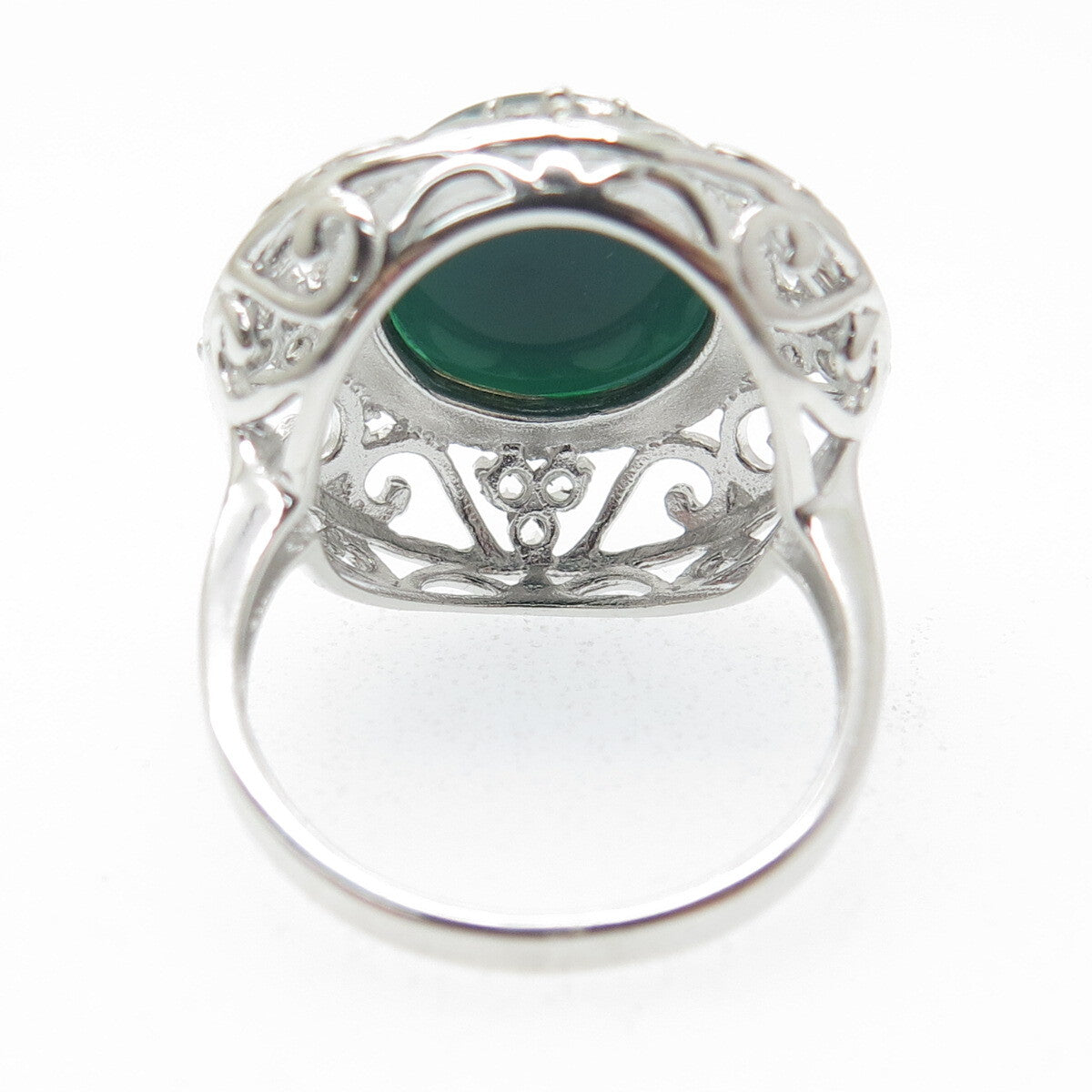925 Sterling Silver Green Onyx & White Topaz Gem Ornate Swirl Ring Size 7.25