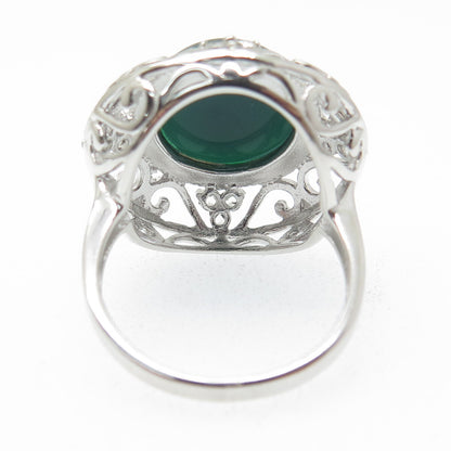 925 Sterling Silver Green Onyx & White Topaz Gem Ornate Swirl Ring Size 7.25