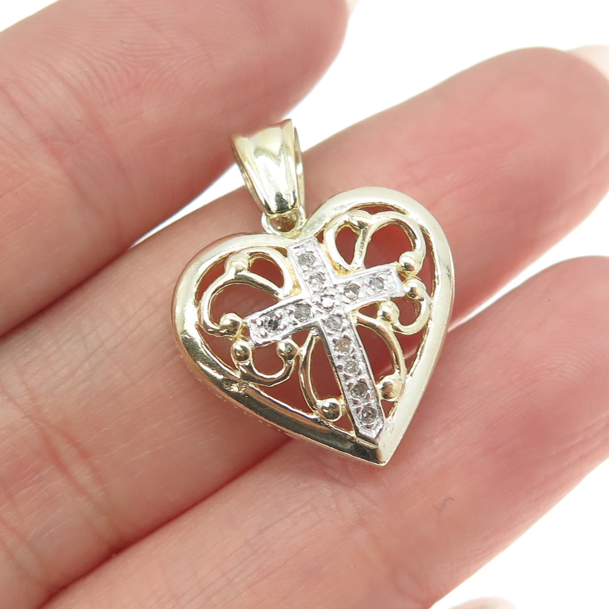 925 Sterling Silver 2-Tone Real Round-Cut Diamond Praying Heart Cross Pendant