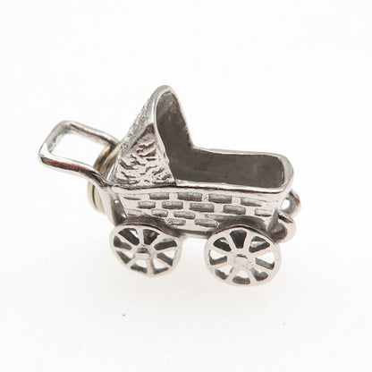 925 Sterling Silver Vintage Baby Stroller Oxidized 3D Mini Charm Pendant