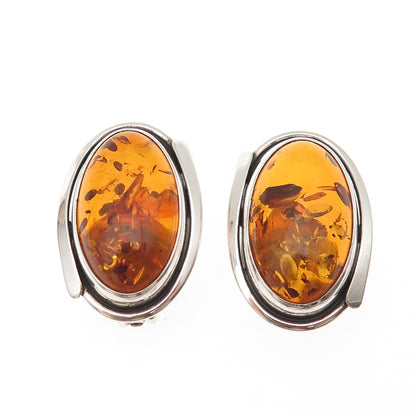 925 Sterling Silver Vintage JB Poland Real Amber Modernist Clip On Earrings