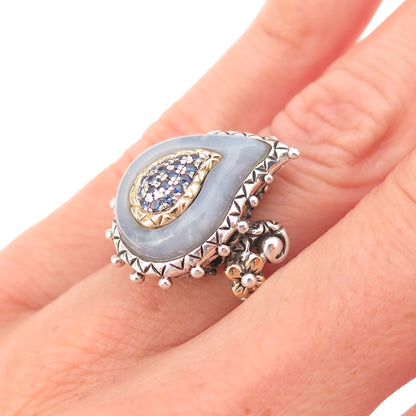 Barbara Bixby 925 Sterling 18K Gold Chalcedony & Sapphire Paisley Ring Size 5.25