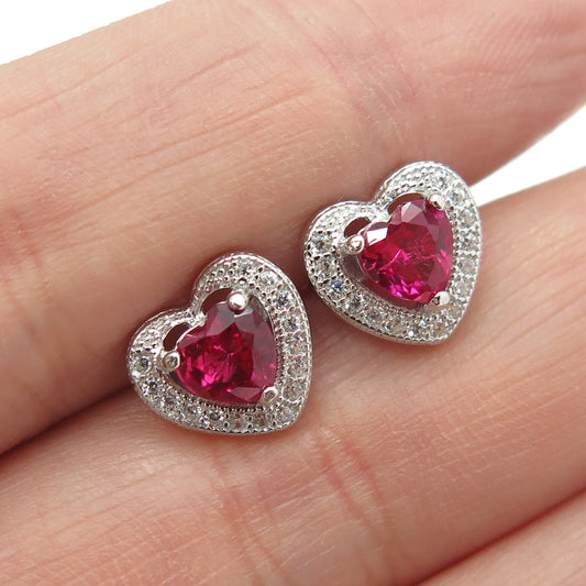 925 Sterling Silver Lab-Created Ruby & C Z Heart Earrings