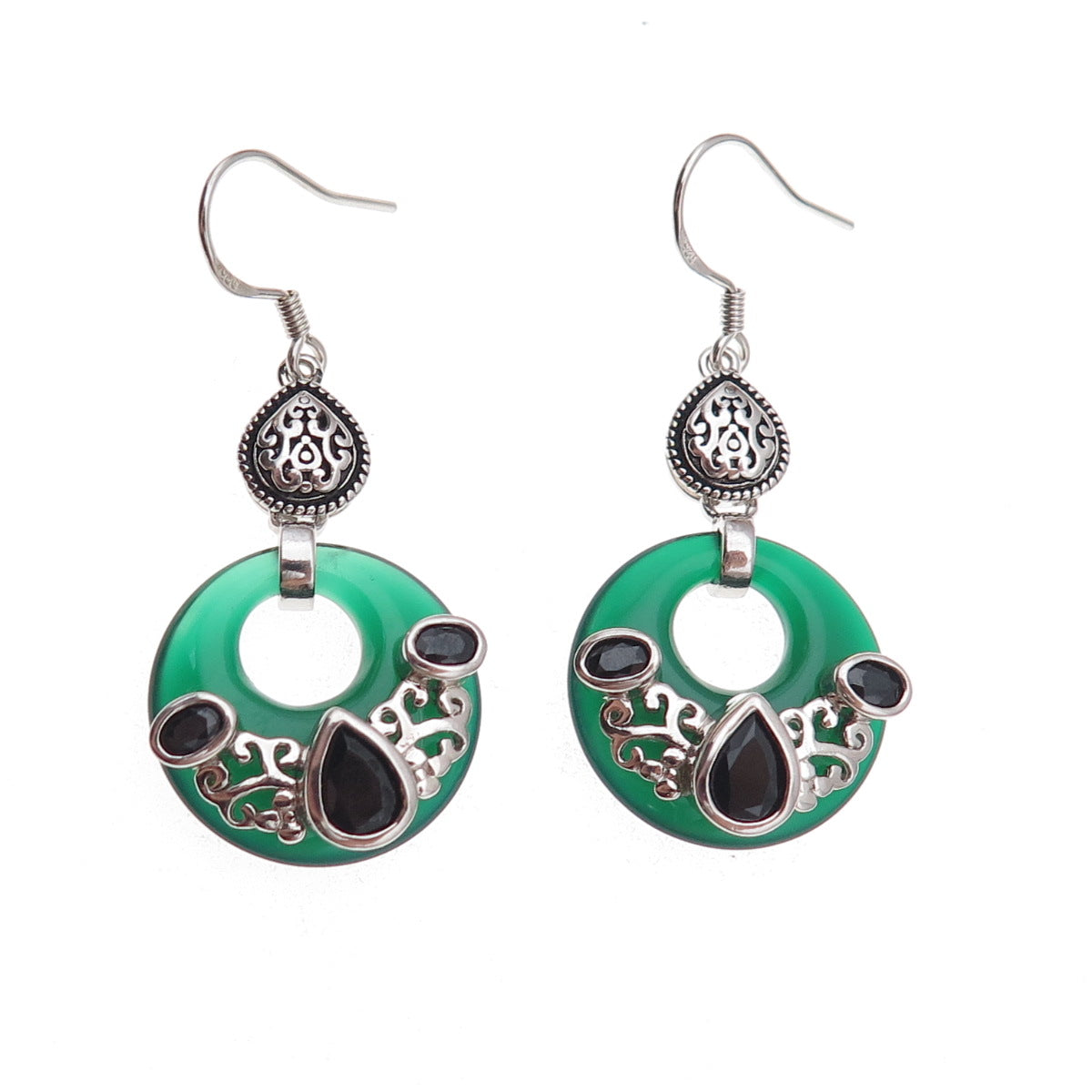 925 Sterling Silver Vintage Real Black & Green Onyx Oxidized Dangle Earrings