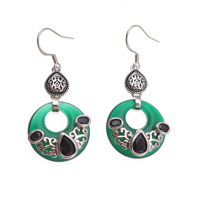 925 Sterling Silver Vintage Real Black & Green Onyx Oxidized Dangle Earrings