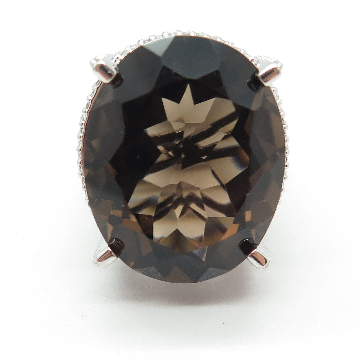 DSMK 925 Sterling Silver Large Smoky Quartz & White Topaz Gem Ring Size 7.25