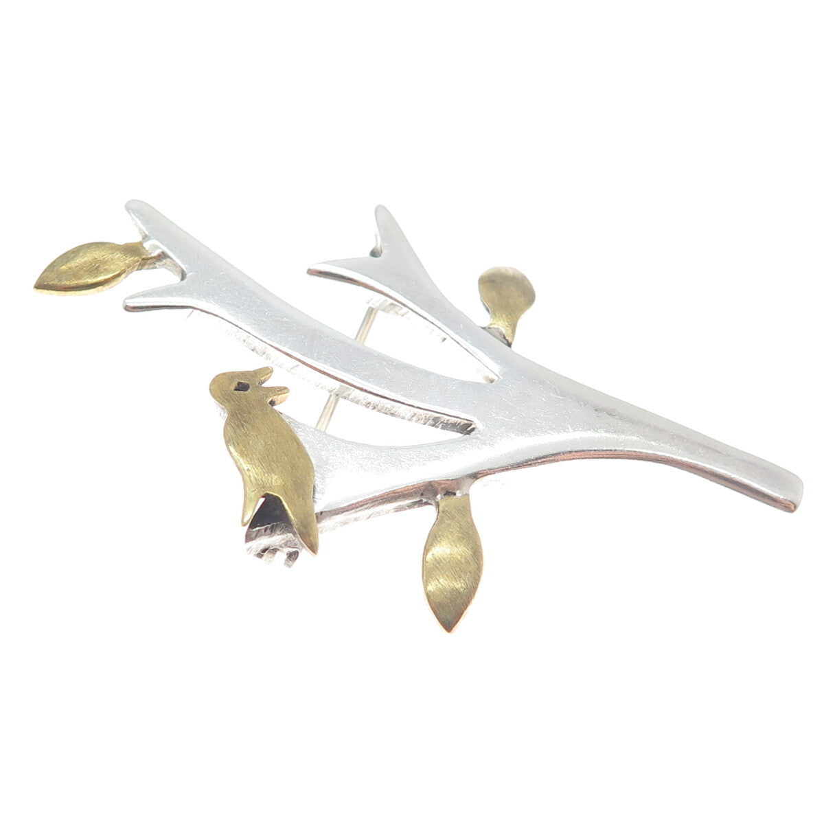 925 Sterling Silver 2-Tone Vintage Mexico Bird on the Tree Pin Brooch