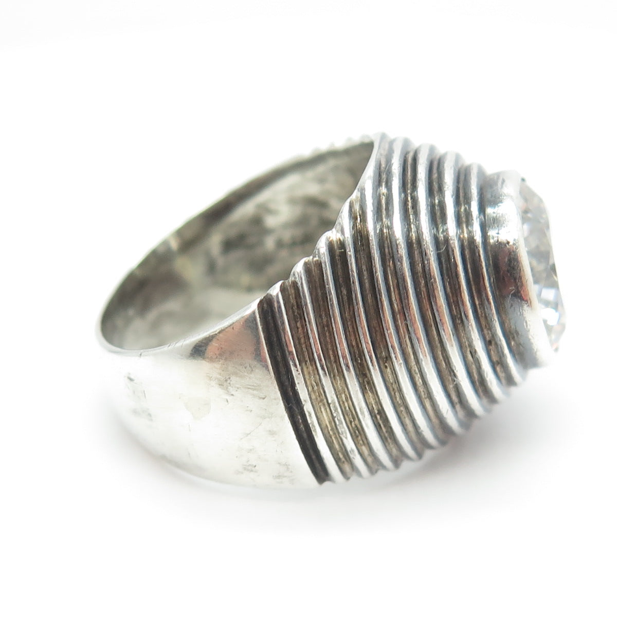 925 Sterling Silver Vintage Round-Cut C Z Ribbed Ring Size 6.25