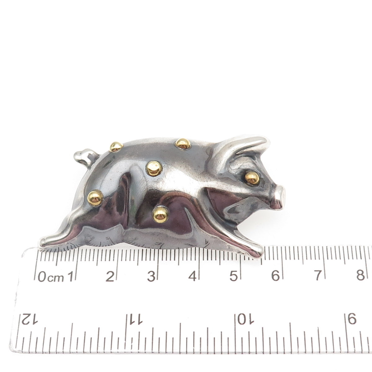 925 Sterling Silver 2-Tone Vintage Mexico Pig Oxidized Pin Brooch / Pendant