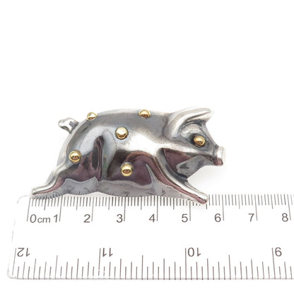 925 Sterling Silver 2-Tone Vintage Mexico Pig Oxidized Pin Brooch / Pendant