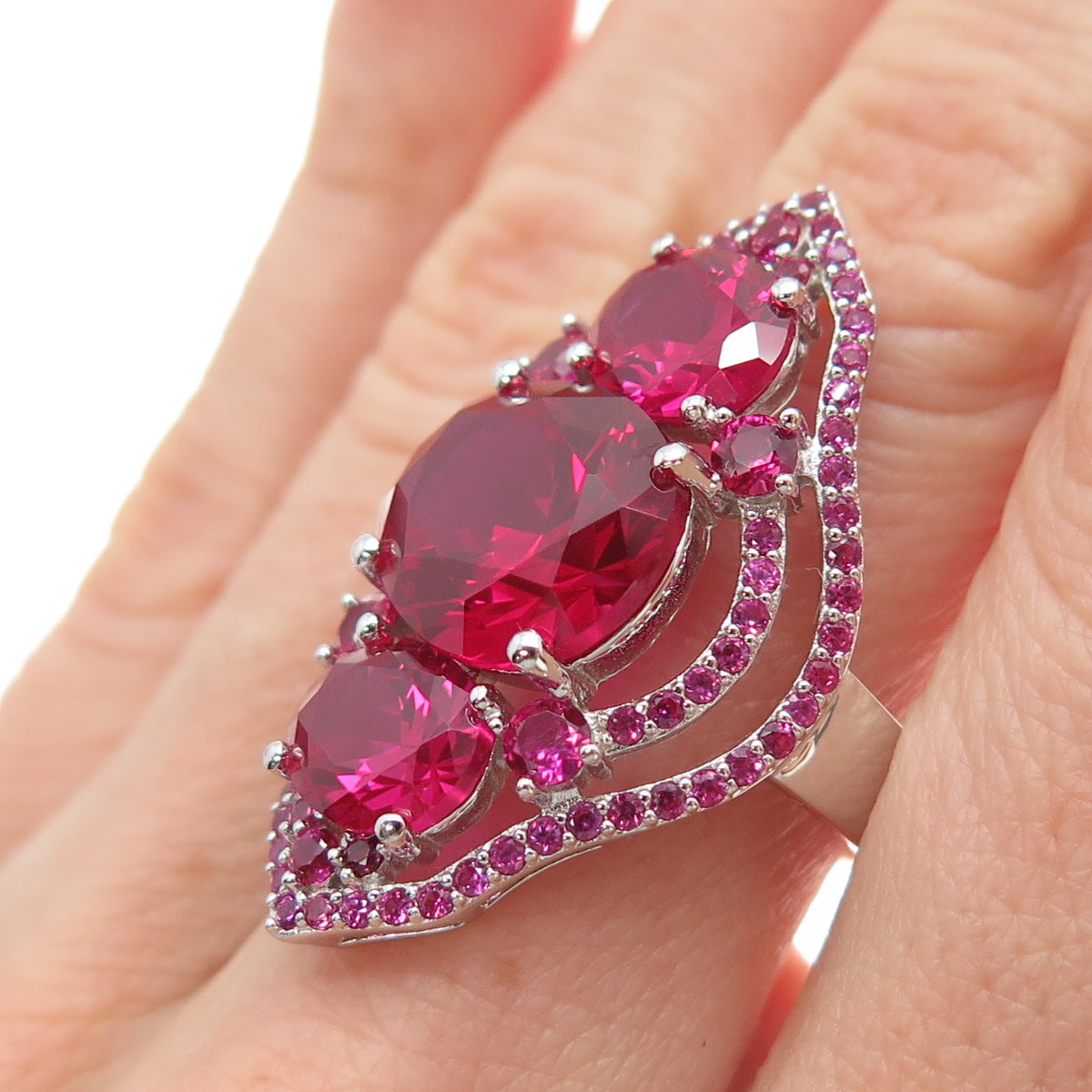 DSMK 925 Sterling Silver Lab-Created Pink Sapphire & Ruby Ring Size 7.25