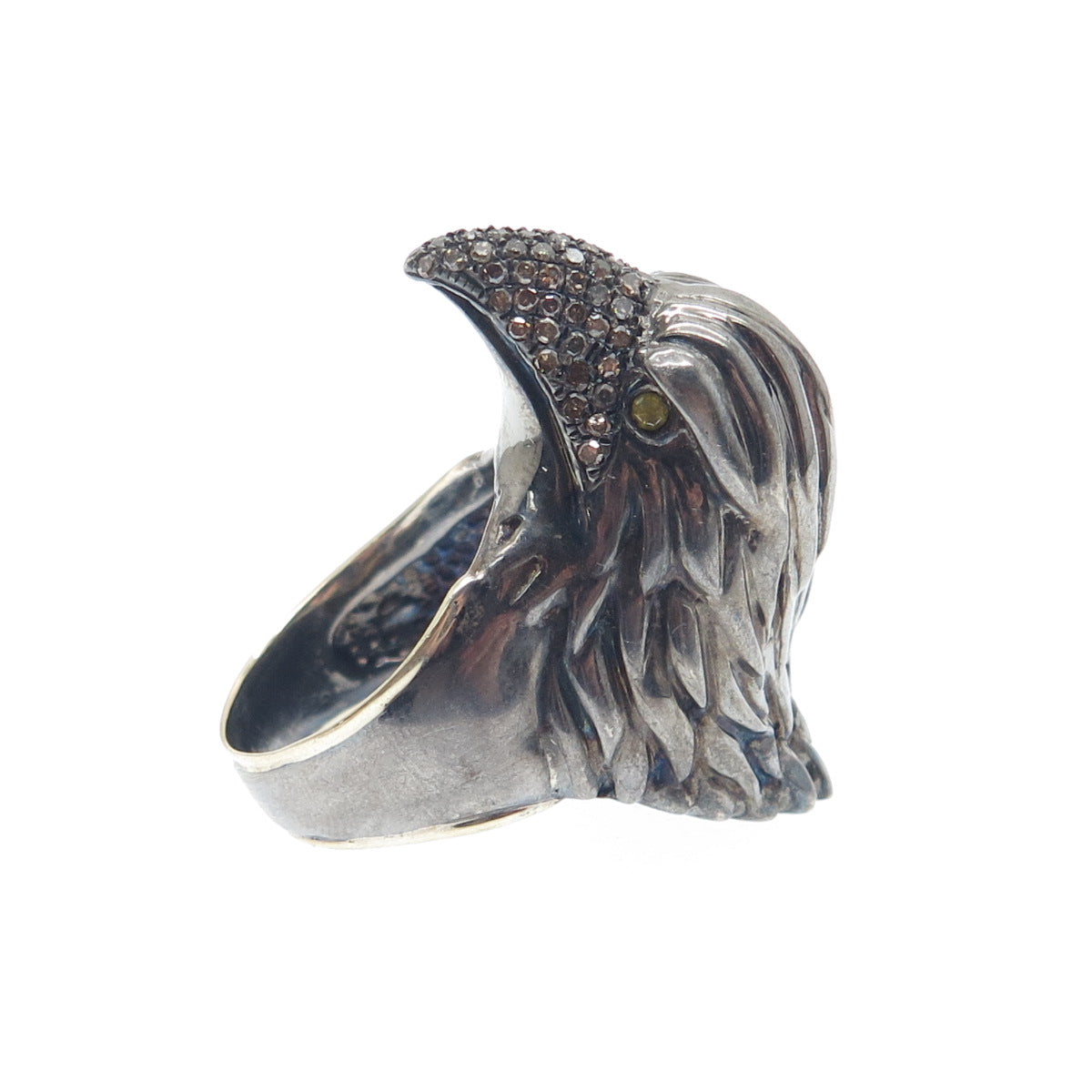925 Sterling Silver Black Rhodium & 14K Gold Real Diamond Eagle Ring Size 7.5