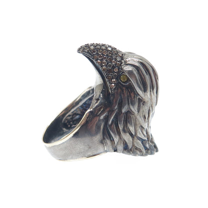925 Sterling Silver Black Rhodium & 14K Gold Real Diamond Eagle Ring Size 7.5