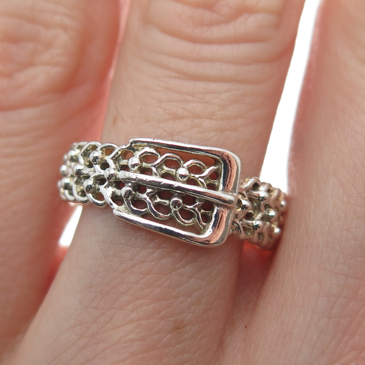 NEVADA 925 Sterling Silver Vintage Belt Buckle Heart Link Ring Size 7